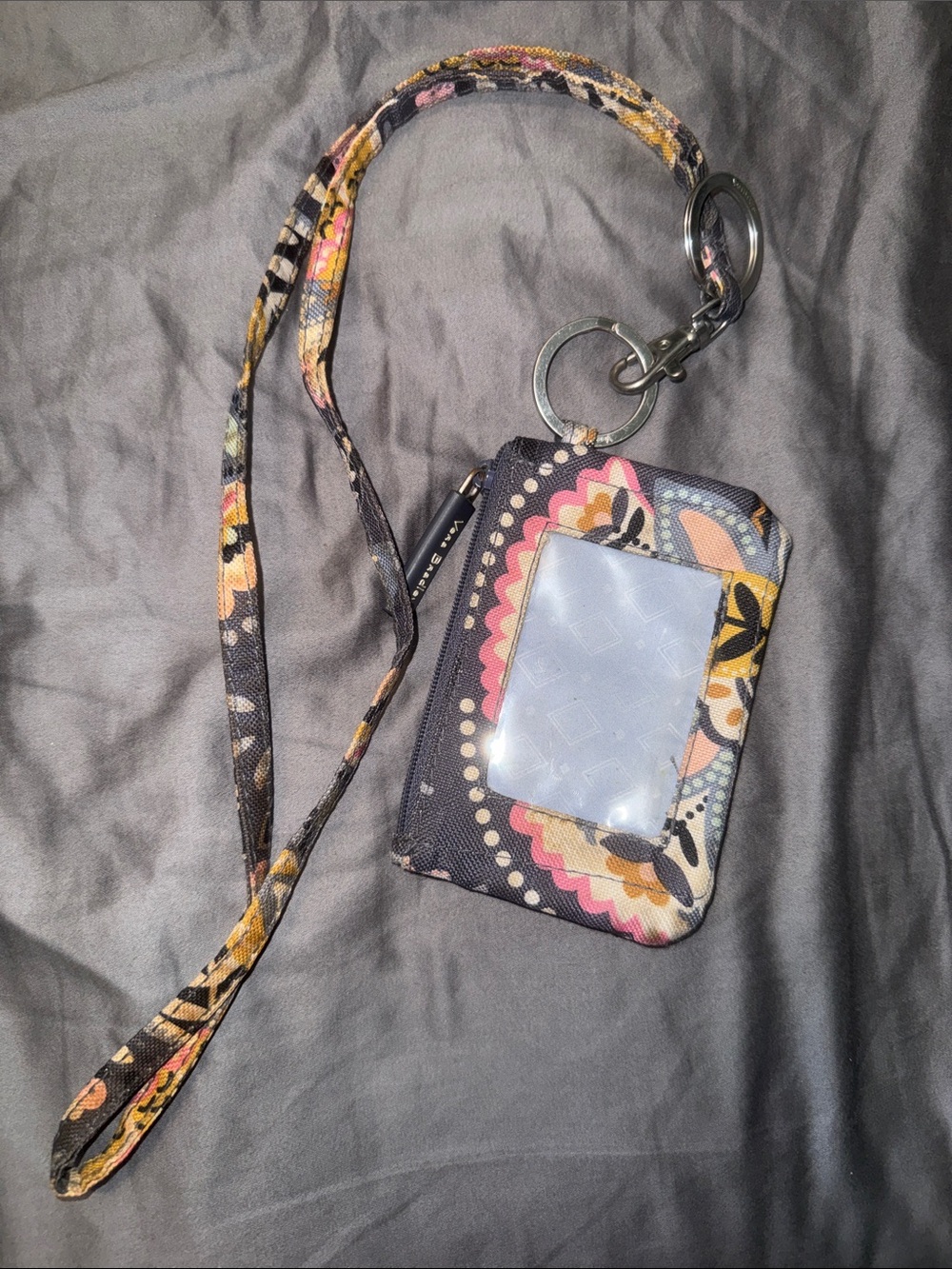 Vera Bradley Floral Pattern Lanyard Card Holder in Black, Pink, Yellow